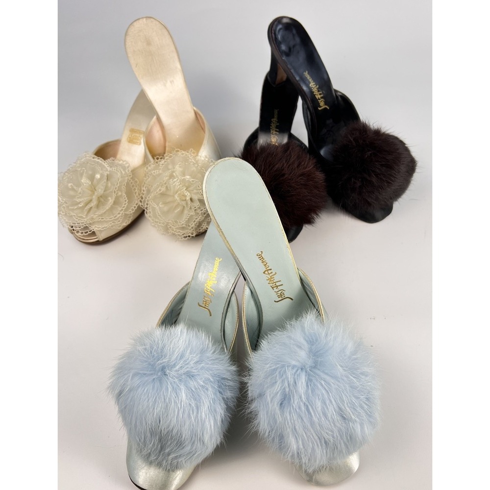Vtg 50s Boudoir Slipper Lot 3 Pairs Saks Fifth Ave Fur Pom Pom Daniel Green TLC
